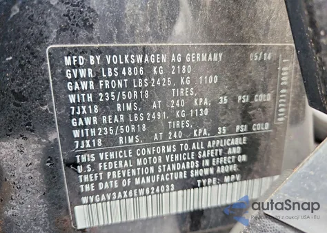 2014 Volkswagen Tiguan S из США, поврежденный, VIN WVGAV3AX6EW624033